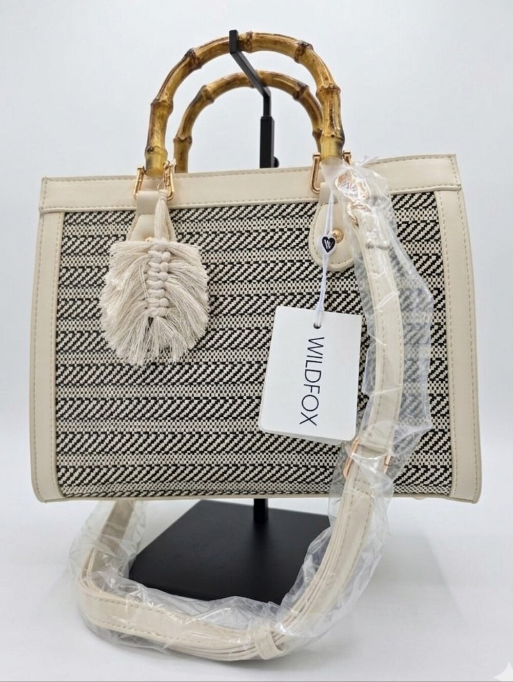 ​NWT Wildfox Stripe Straw Tote Satchel Crossbody Bag Cream Black OS